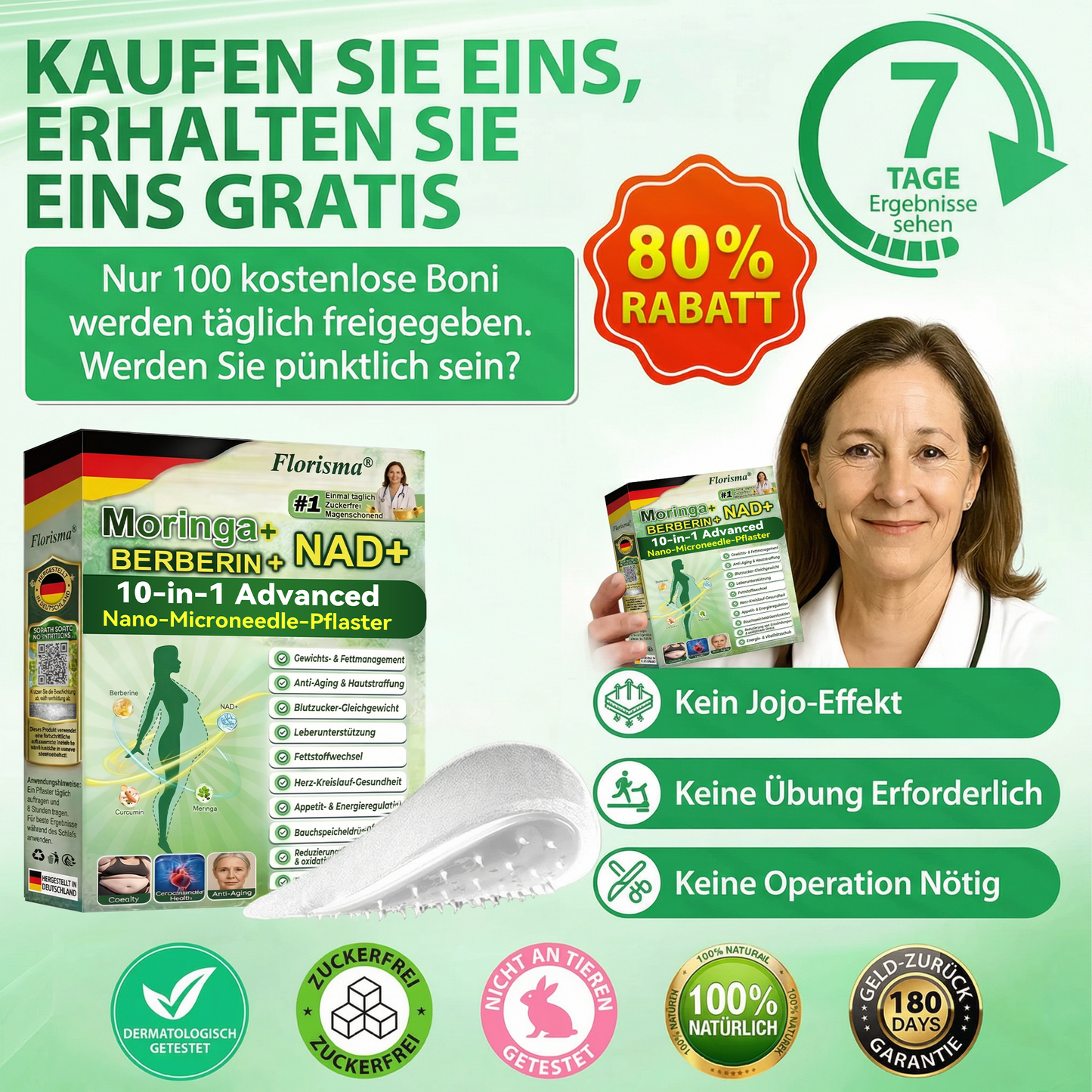 【Letzter Tag – 80 % Rabatt】 ✅ Florisma® Moringa · Berberin × NAD+ 10-in-1 Advanced Nano-Microneedle-Pflaster ✨ 7 Pflaster pro Packung · Vorrat für eine Woche🪴