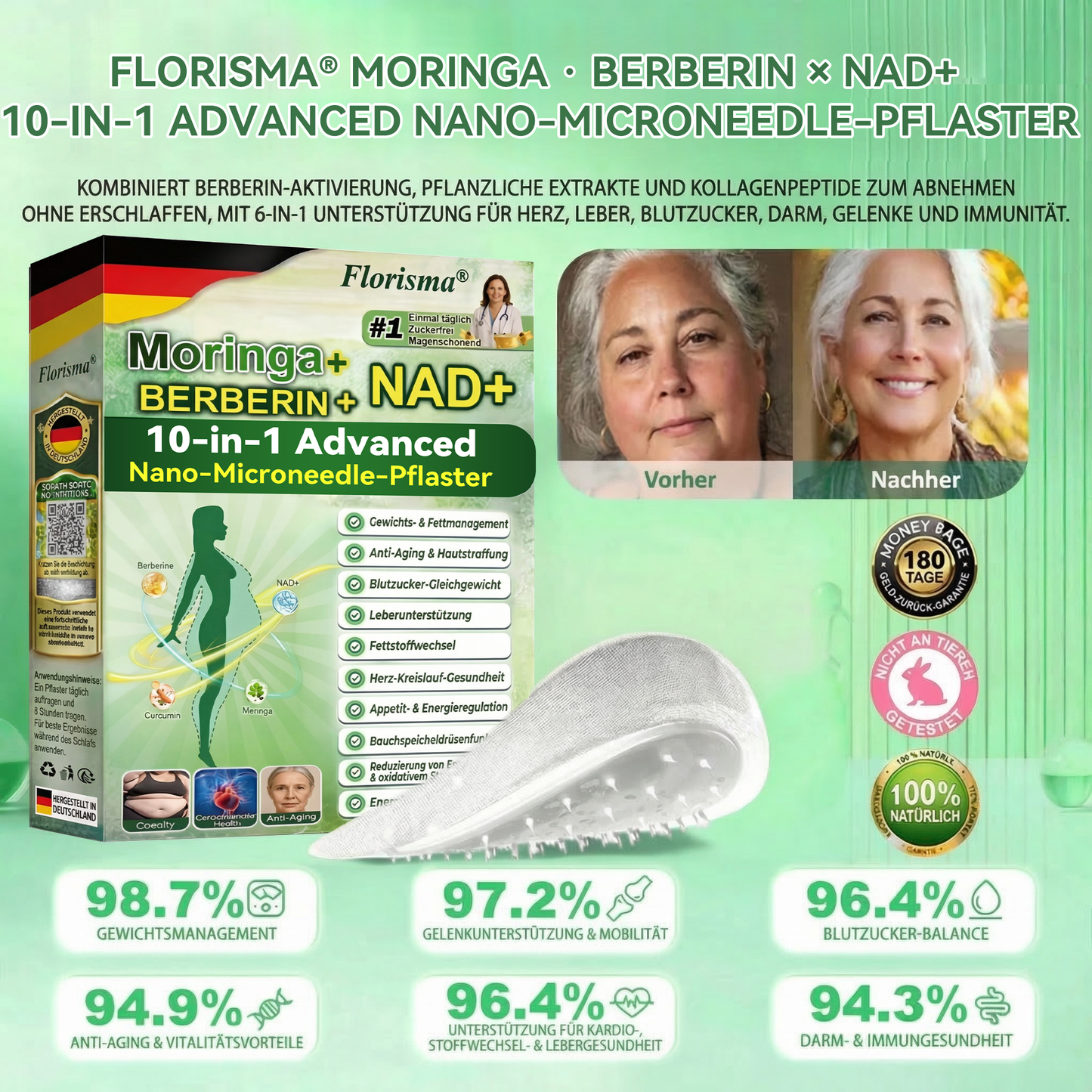 【Letzter Tag – 80 % Rabatt】 ✅ Florisma® Moringa · Berberin × NAD+ 10-in-1 Advanced Nano-Microneedle-Pflaster ✨ 7 Pflaster pro Packung · Vorrat für eine Woche🪴